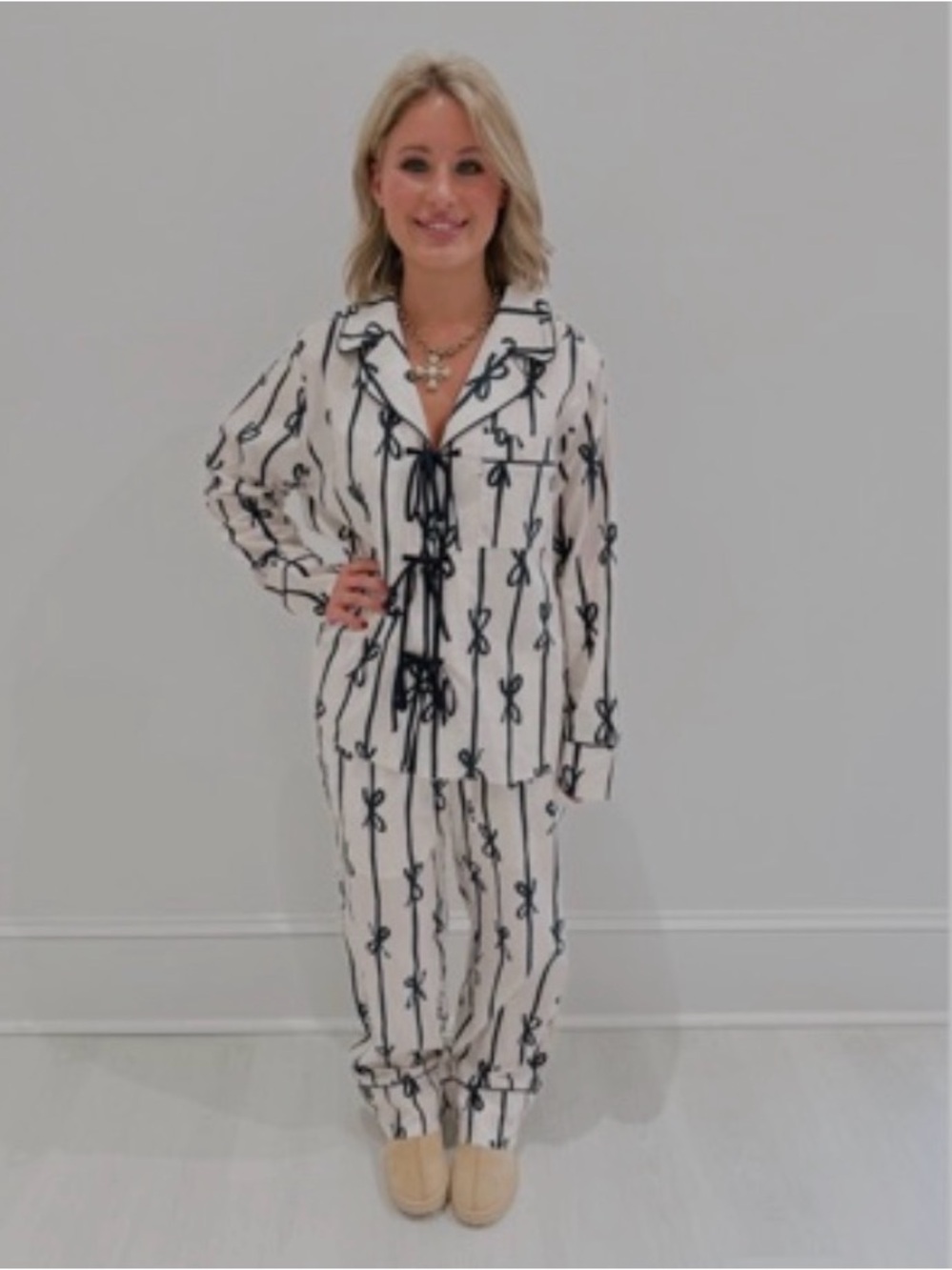 Cream and Black Bow Print Pajama Set